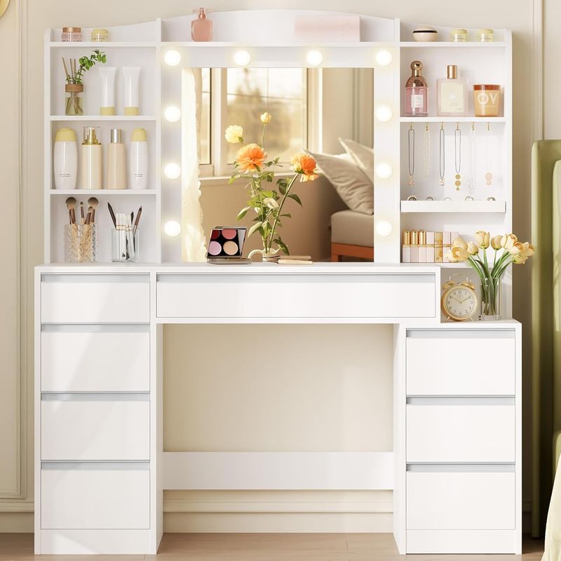 Coiffeuse enfant 100 cm avec 8 tiroirs – Grand miroir avec éclairage RGB-LED – Rangement intégré pour bijoux – Bureau blanc Lotion