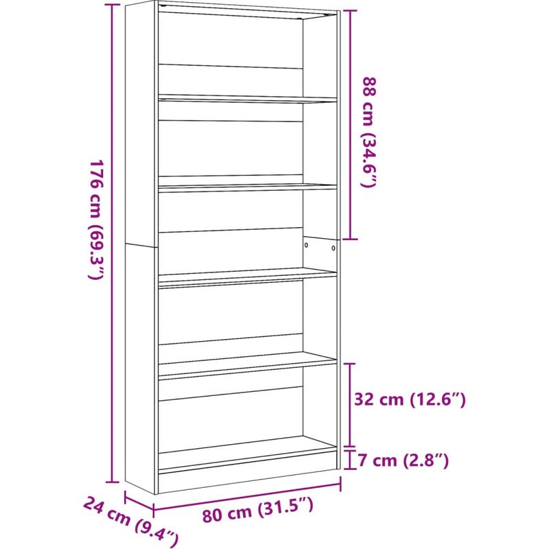 Vidaxl – Bibliothèque chêne artisanal 80x24x176 cm – Bois d'ingénierie – Compartiments ouverts pour rangement – Facile à entretenir - Image 4