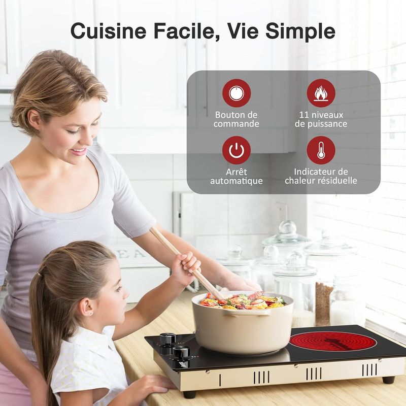 Iseasy – Plaque vitrocéramique 2 foyers 3200W – Encastrable avec 11 niveaux de cuisson – Sécurité enfants et protection contre surchauffe - Image 2