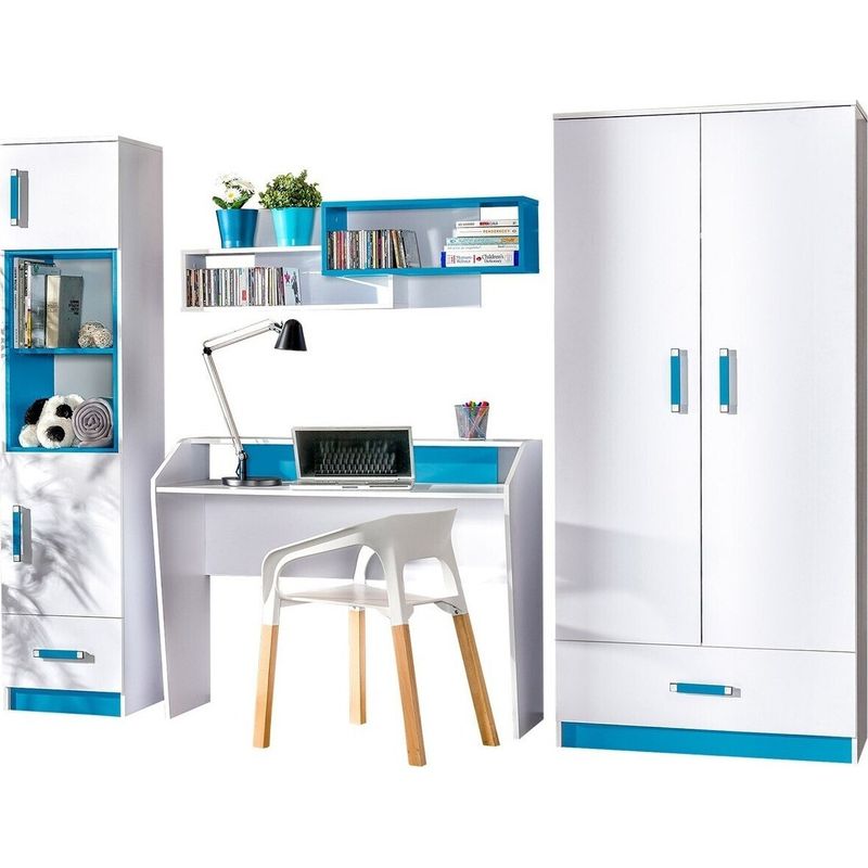Mobilier1 – Chambre d'enfant complète 4 pièces – Blanc et turquoise – Stratifié 1.6 cm – Fabriquée en Union Européenne – Dimensions optimales pour