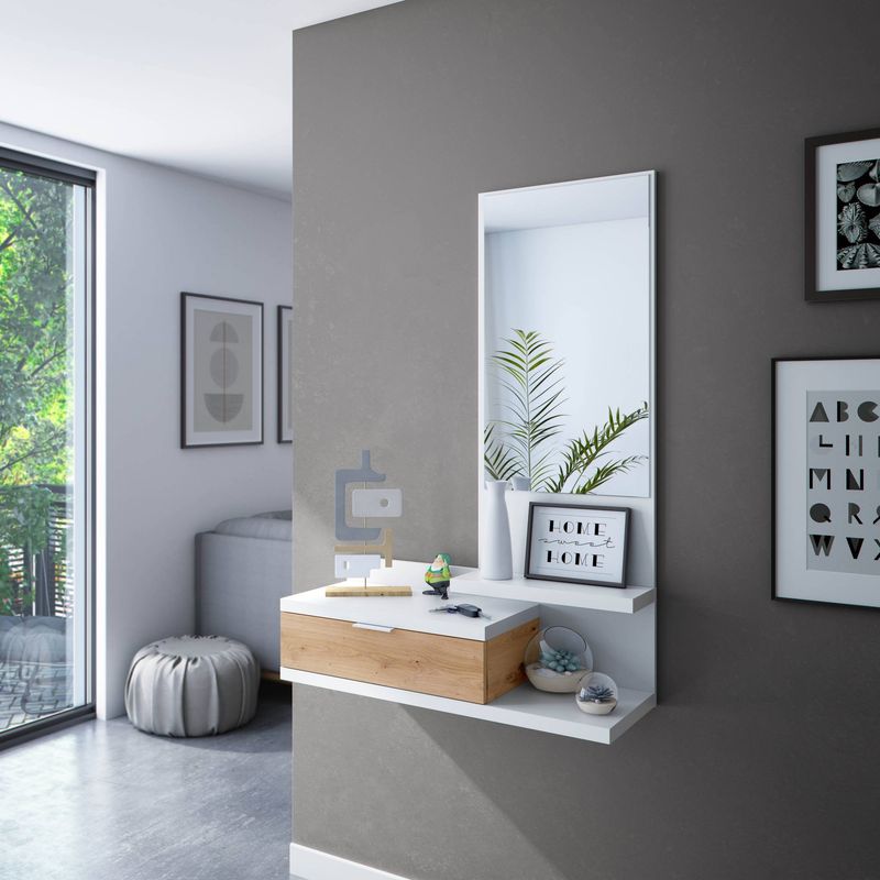 Dmora – Meuble d'entrée suspendu moderne avec miroir – 1 tiroir et 2 étagères – Dimensions 81x29x116 cm – Bois lamellé blanc résistant - Image 4
