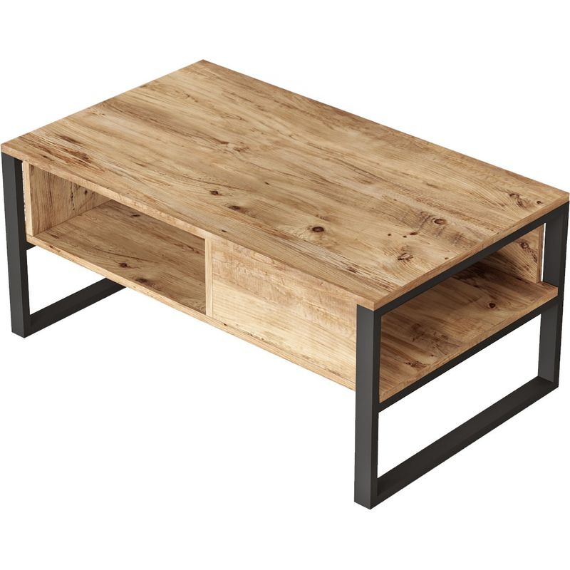 Cotecosy – Table basse fixe 2 niveaux 100×59,7×44,4 cm – Décor effet chêne et noir – Panneaux de particules 18 mm – Idéale pour rangement livres et - Image 2