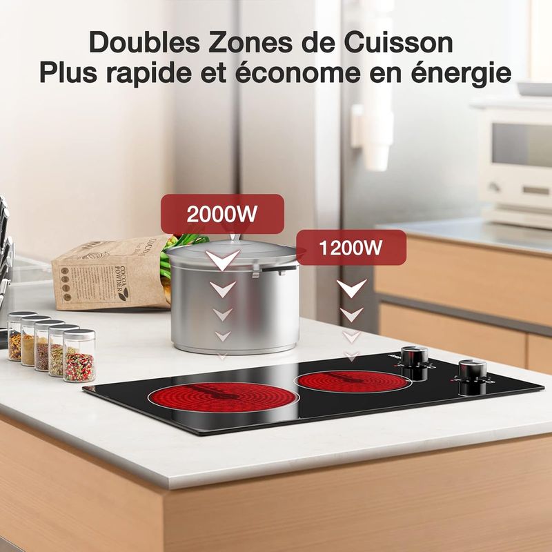 Iseasy – Plaque vitrocéramique 2 foyers 3200W – Encastrable avec 11 niveaux de cuisson – Sécurité enfants et protection contre surchauffe - Image 4