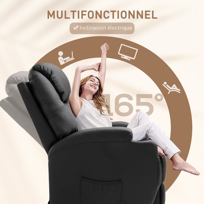 Homcom – Fauteuil relax massant 8 points – Simili cuir noir – Dossier inclinable jusqu'à 165° – Dimensions 82x97x110cm - Image 4