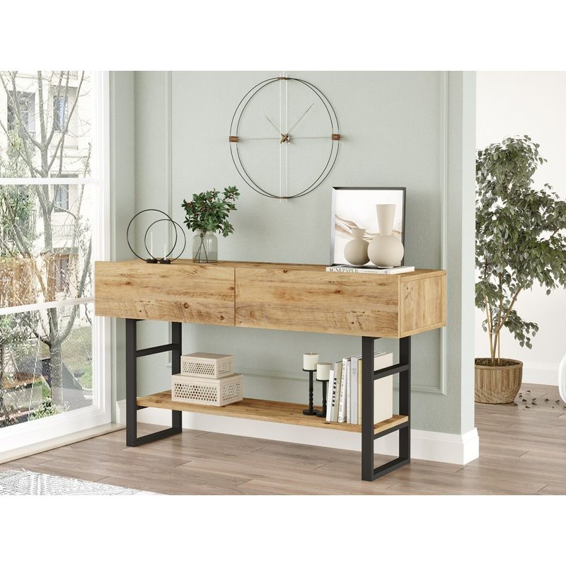 Cotecosy – Console 2 tiroirs 138,8×43×75,7 cm – Décor naturel et noir – Finition papier décor effet chêne – Idéal pour rangement et décoration - Image 5