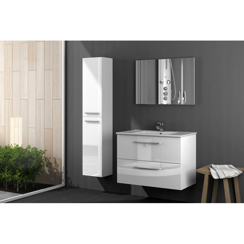 Dmora – Colonne de salle de bain 2 portes – Armoire murale suspendue avec 2 étagères – Dimensions 30x25x150 cm – Finition blanc brillant - 30x25h150 - Image 4