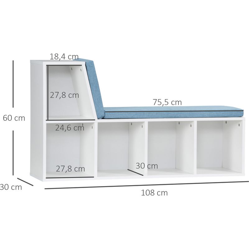 Homcom – Bibliothèque banc 2 en 1 – 5 compartiments – 2 coussins – Dimensions 108x30x60cm – Bois MDF – Couleur blanc bleu Adapter - Image 5