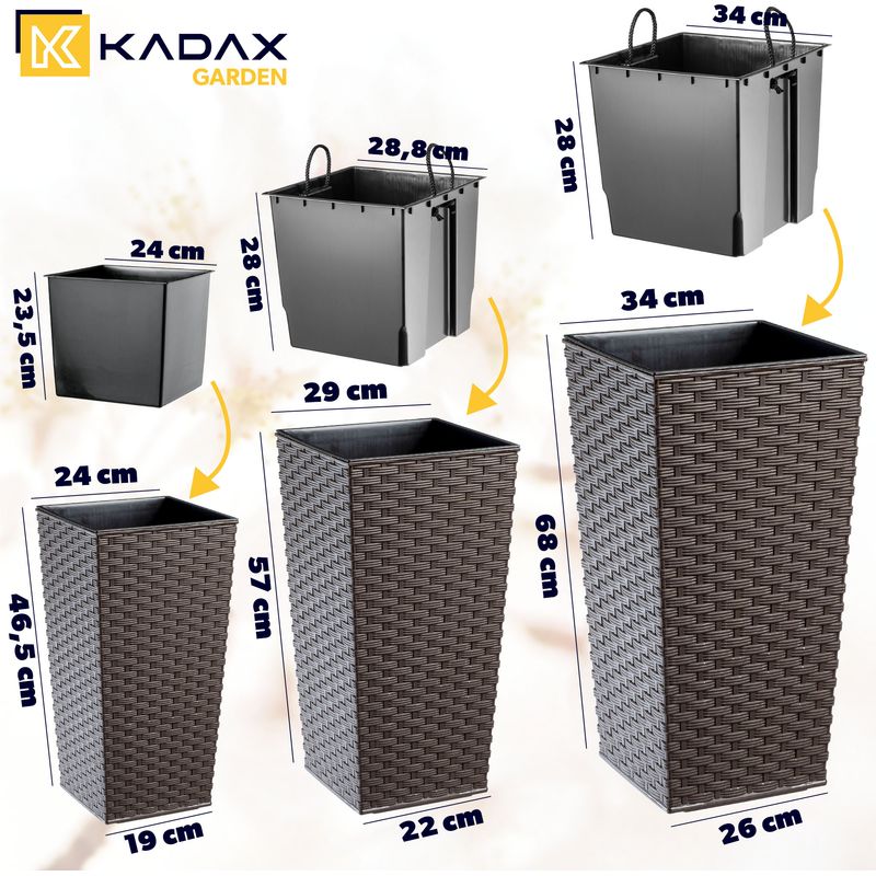 KADAX Pot de Fleur Haut, Grande Jardiniere pour Interieure et Exterieure, Bac à Fleurs Imitant Le Rotin (Marron, Lot de 3: 46.5 cm, 57 cm, 68 cm) - Image 3
