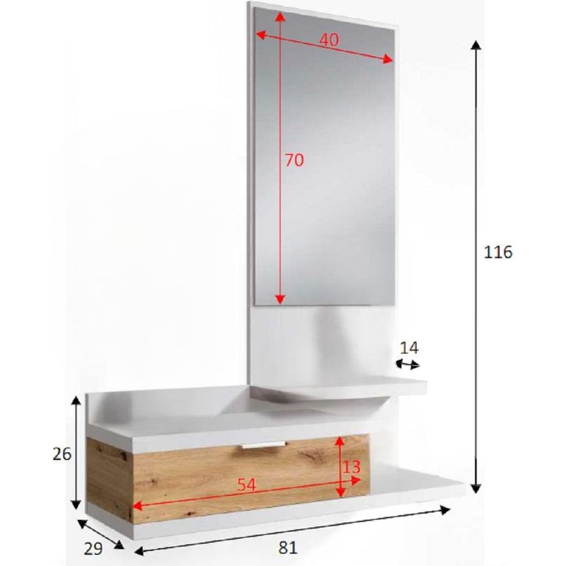 Dmora – Meuble d'entrée suspendu moderne avec miroir – 1 tiroir et 2 étagères – Dimensions 81x29x116 cm – Bois lamellé blanc résistant - Image 3