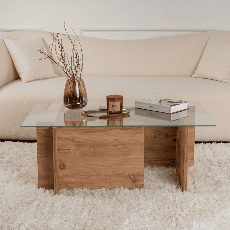 Calicosy – Table basse fixe 105x65x40 cm en verre trempé – Structure en panneaux de particules – Résistante aux chocs – Design contemporain - Image 4