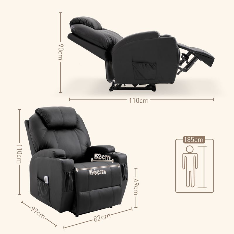 Homcom – Fauteuil relax massant 8 points – Simili cuir noir – Dossier inclinable jusqu'à 165° – Dimensions 82x97x110cm - Image 5