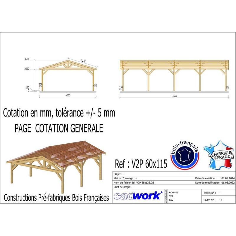 Cpbf – Abri voiture en bois douglas 600x1150cm – Carport 2 pentes – Hauteur de passage 250cm – 10 poteaux – Fabrication française - Image 3