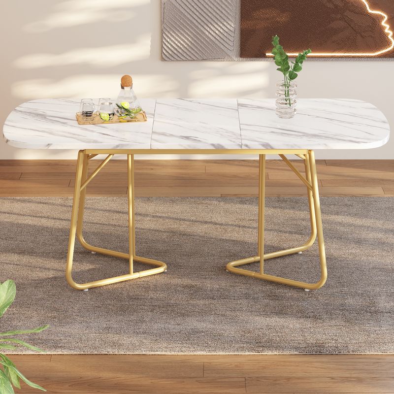 Table à manger extensible, table à manger blanc avec pieds en métal plaqué doré - Image 3