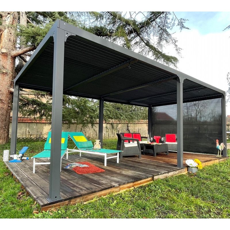 Habrita – Pergola bioclimatique 360x598 en aluminium gris avec rideau manuel – Surface 21,52 m2 – SKU PER36R60BI - Image 3