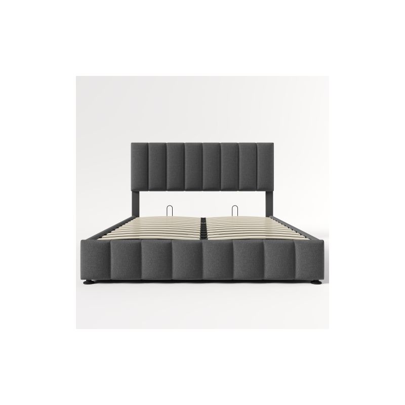 Lit double rembourré hydraulique 140x200cm, tête de lit réglable avec sommier à lattes, matériau en lin, moderne avec grand espace de rangement, gris - Image 3