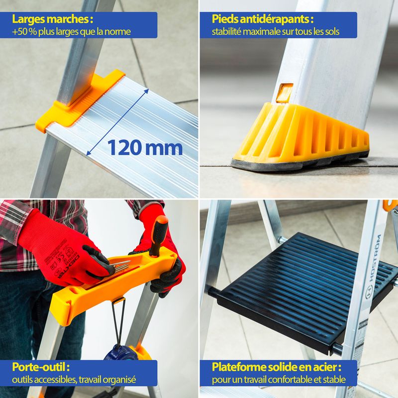 Hoström – Escabeau pliable 7 marches aluminium – Marches extra larges 12 cm – Charge max 150 kg – Norme EN 131 – Garantie 5 ans - Image 3