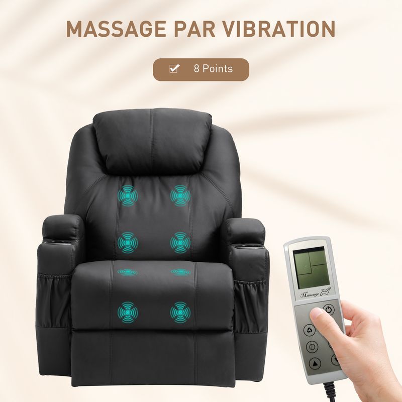 Homcom – Fauteuil relax massant 8 points – Simili cuir noir – Dossier inclinable jusqu'à 165° – Dimensions 82x97x110cm - Image 3