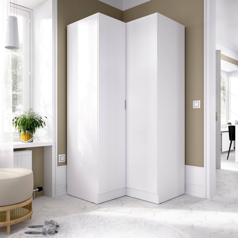 Dmora – Armoire d'angle 2 portes 91x93h184 cm – Structure en panneaux mélaminés – Rangement optimisé avec étagères et barres pour cintres – Blanc - Image 4