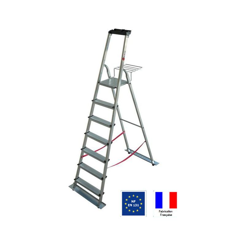 Escalux – Escabeau aluminium 7 marches – Hauteur de travail 3,42 m – Charge max 150 kg – Bases stabilisatrices amovibles pour sol meuble