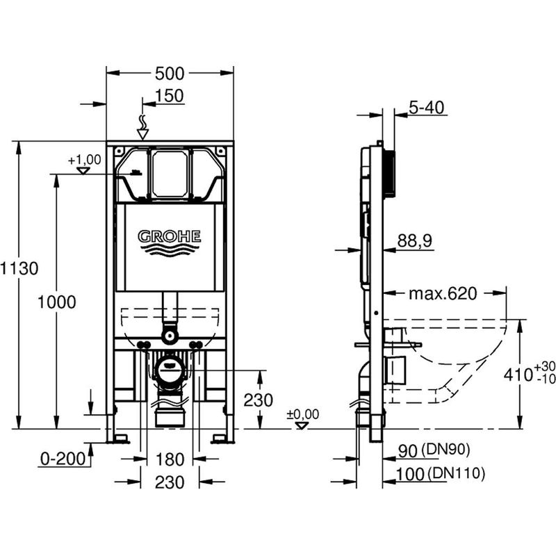 Grohe – Bâti support WC encastré – Module pour toilettes suspendues – Réservoir 80 mm – Hauteur 1,13 m – Structure autoportante en acier - Image 2