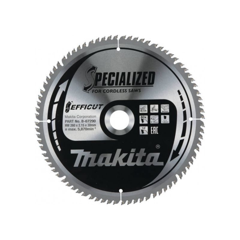 Makita – Lame de scie circulaire 260x30 mm B67290 – 80 dents Efficut pour bois dur – Coupe nette et rapide – Compatible scie à onglet