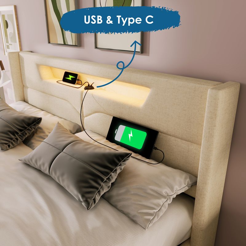 Hauss Spole – Lit coffre rembourré 140x200 cm – Lin beige avec éclairage LED et ports USB Type C – Charge maximale 300 kg – Assemblage requis - Image 3