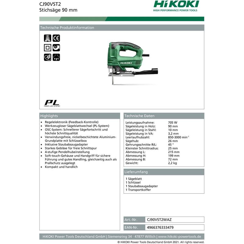 Hikoki – Scie sauteuse 90mm 705W course 26mm pour bois dur – Moteur Brushless – Poignée en D – Coffret – CJ90VST2WAZ - Image 6