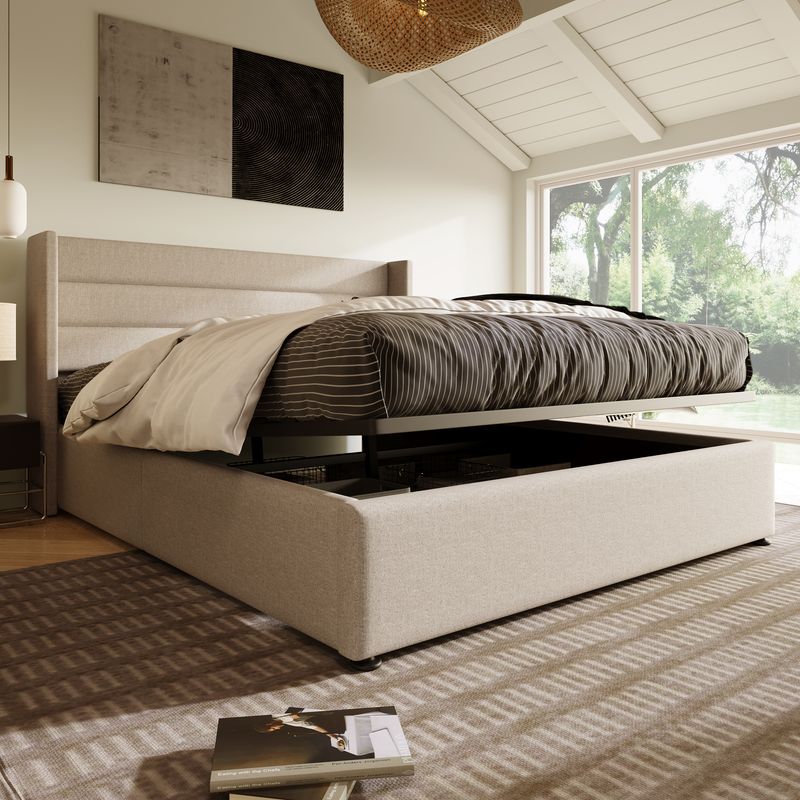 Redom – Lit coffre double 160x200cm – Sommier à lattes en bois et métal – Tissu beige – Mécanisme hydraulique pour rangement facile - Image 2