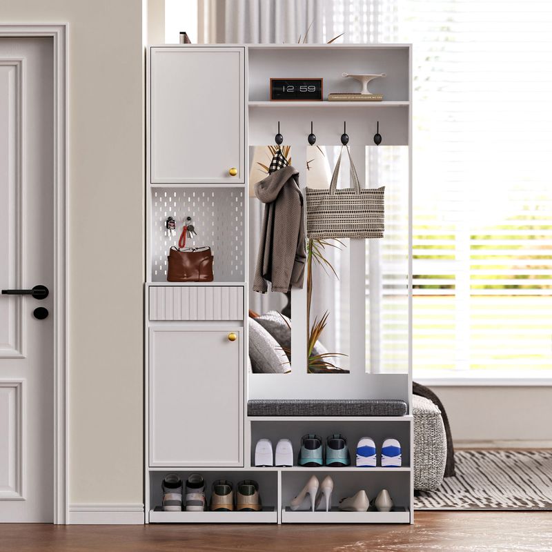 Porte-manteau avec tabouret, étagère à chaussures ouverte, armoire pour entrée chambre, MDF, 4 crochets, 1 tiroirs et 2 porte, blanc