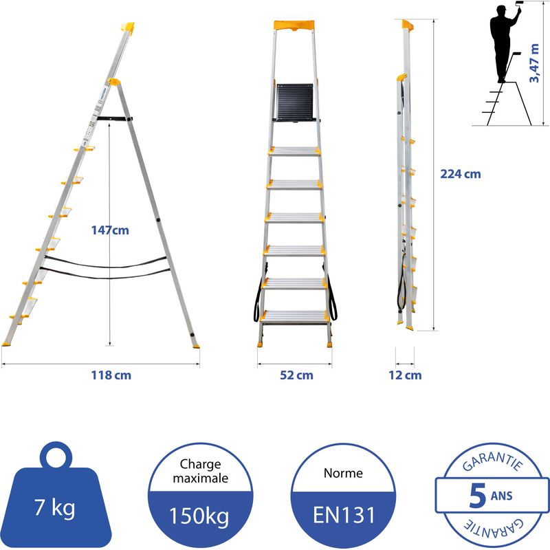 Hoström – Escabeau pliable 7 marches aluminium – Marches extra larges 12 cm – Charge max 150 kg – Norme EN 131 – Garantie 5 ans - Image 5