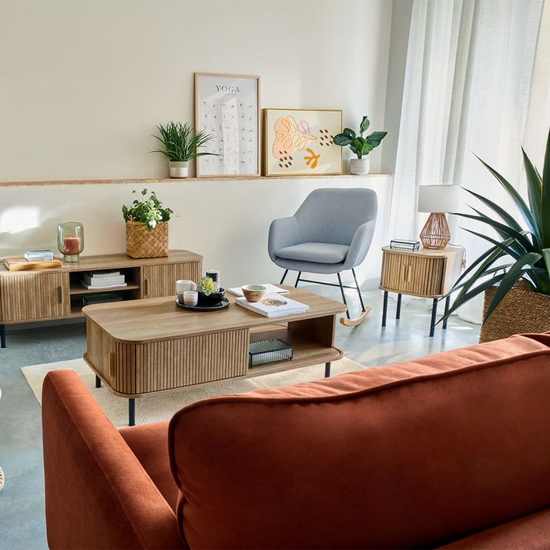 Atmosphera – Table basse fixe 120x60cm – 2 portes coulissantes – MDF et acier – Style scandinave – Rangement pour magazines et télécommandes - Image 4