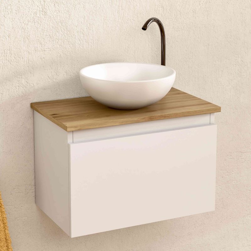 BELLOBATH - Meuble de salle de bain suspendu avec lavabo en céramique, Meuble avec porte abattante, 50 x 32 x 30 cm, Meuble Blanc et Plateau Chêne