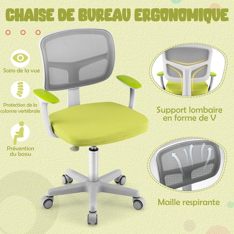 COSTWAY Chaise de Bureau Pivotante Enfants avec Hauteur Réglable 80-91,5cm, Siège à Roulettes Enfants Coussin Amovible, Verrouillage Automatique - Image 2