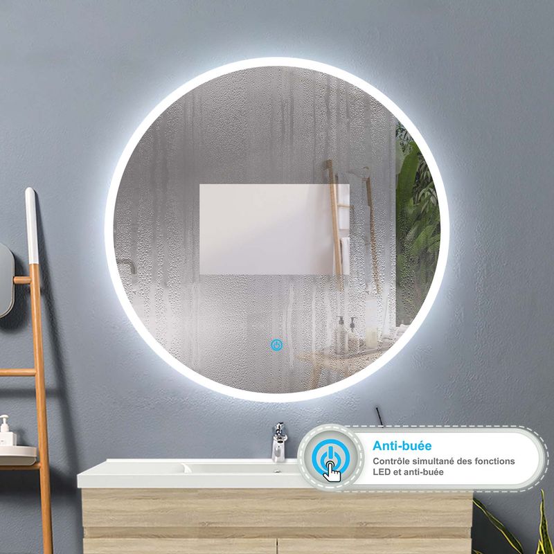 Acezanble – Miroir rond 60cm anti-buée – Miroir LED lumineux 6000K – Installation facile – Design moderne pour salle de bain - Image 3